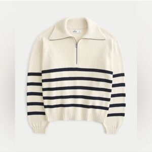 Hollister Cream and Navy Quarter Zip Sweater with Ribbed Cuffs